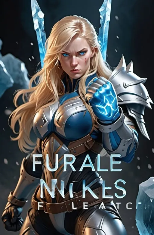 Prompt: Female figure. Greater bicep definition. Sharper, clearer blue eyes. Nosebleed. Long Blonde hair flapping. Frostier, glacier effects. Fierce combat stance. Raging Fists. Icy Knuckles. Blue armor suit. 