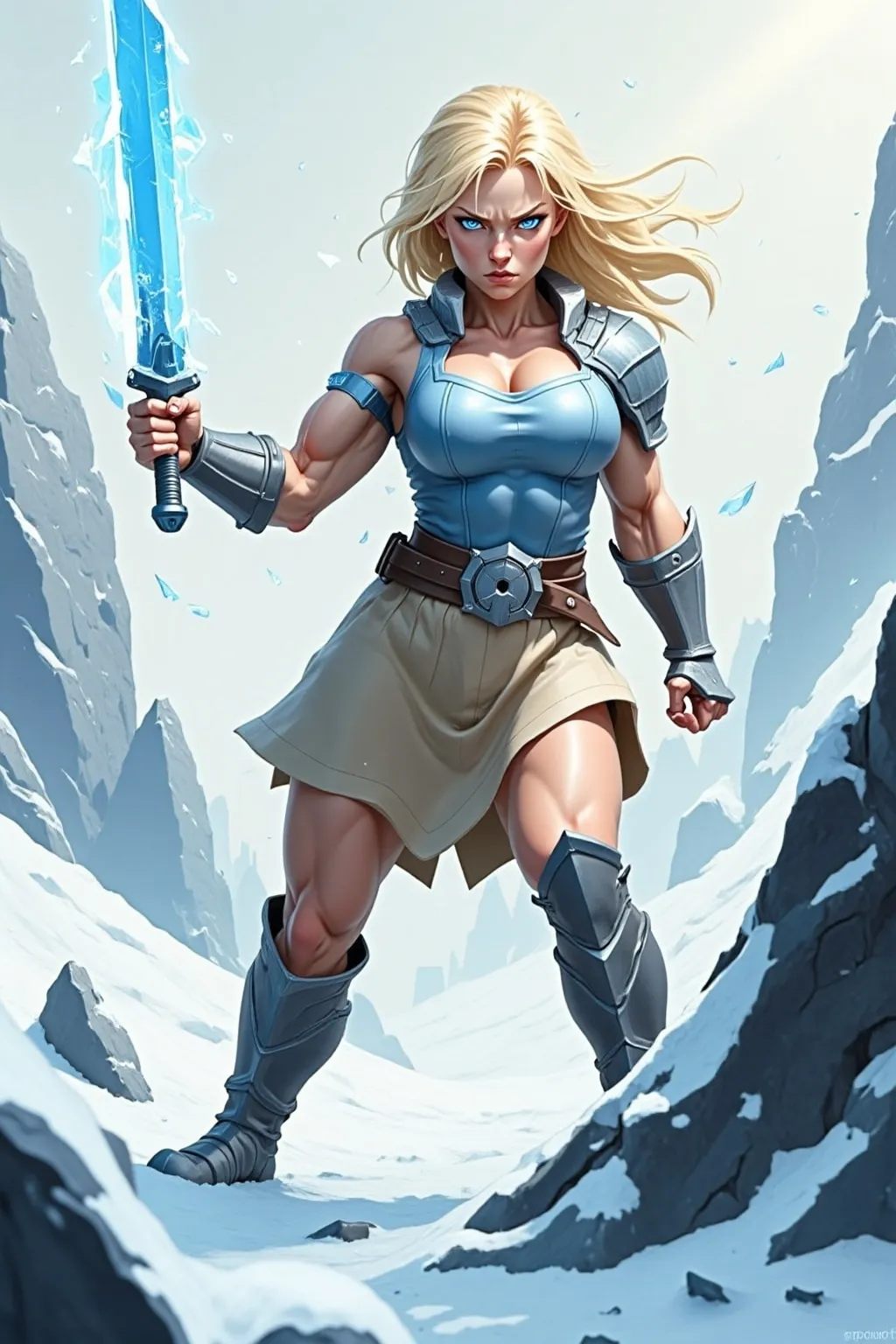 Prompt: @lbK8EQWu1r8WEqH2g1L6 A muscular female warrior wielding a shimmering sword of ice, standing in a frozen landscape. She is mid-action, gripping the icy blade with both hands, her stance powerful and determined. Her armor is sleek and metallic, reflecting cold blue and silver tones, with frost forming along the edges. Her hair flows behind her, caught in a gust of icy wind. The environment features jagged ice formations and a snow-covered ground under a pale, overcast sky. Soft blue light emanates from the sword, illuminating her focused expression. The scene is captured from a slightly low angle, emphasizing her strength and the glowing weapon, with swirling snow and icy particles adding a dynamic, wintry atmosphere.