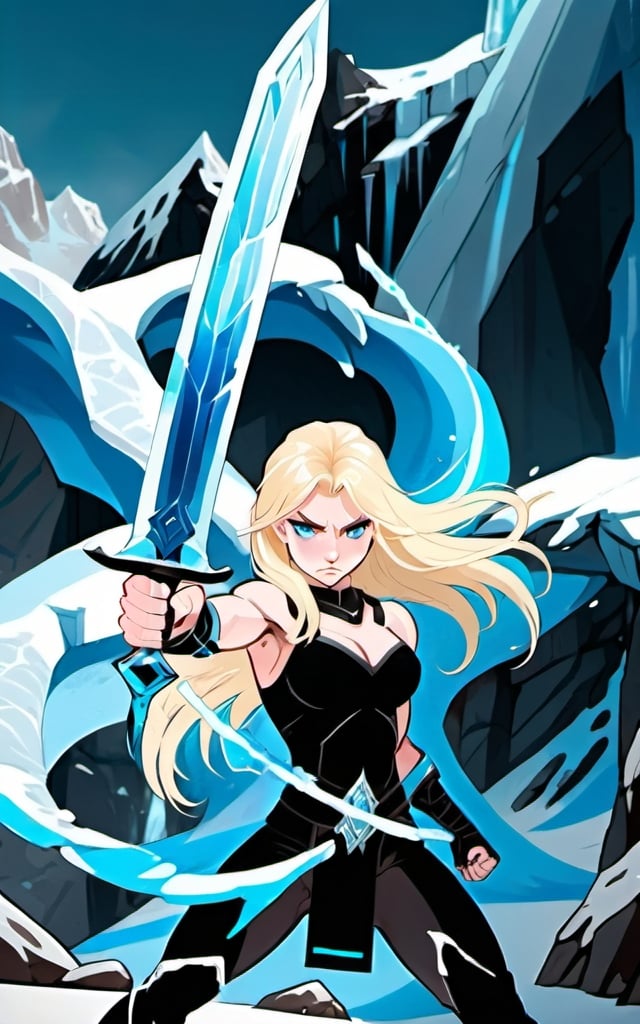 Prompt:  Female figure. Greater bicep definition. Sharper, clearer blue eyes. Blonde hair flapping. Nosebleed. Frostier, glacier effects. Fierce combat stance. Holding an Ice sword.