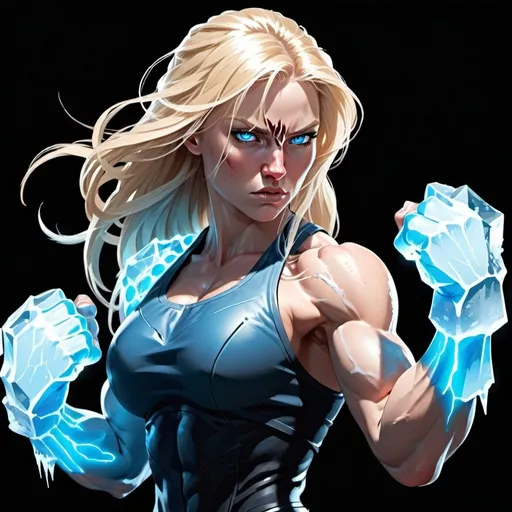 Prompt: Female figure. Greater bicep definition. Sharper, clearer blue eyes. Nosebleed. Long Blonde hair flapping. Frostier, glacier effects. Fierce combat stance. Icy Knuckles. Enraged.