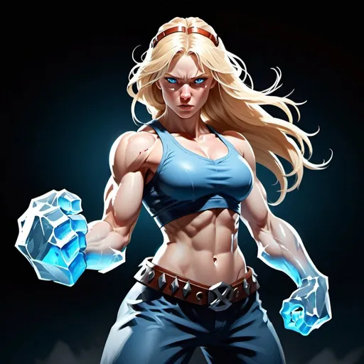 Prompt: Female figure. Greater bicep definition. Sharper, clearer blue eyes. Nosebleed. Long Blonde hair flapping. Frostier, glacier effects. Fierce combat stance. Icy Knuckles.