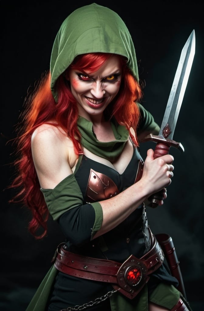 Prompt: Evil red-haired warrior woman with a mischievous grin. Carmine, red eyes. Fierce combat stance.