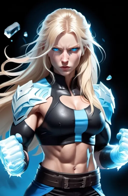 Prompt: Female figure. Greater bicep definition. Sharper, clearer blue eyes. Nosebleed. Long Blonde hair flapping. Frostier, glacier effects. Fierce combat stance. Raging Fists. Icy Knuckles.