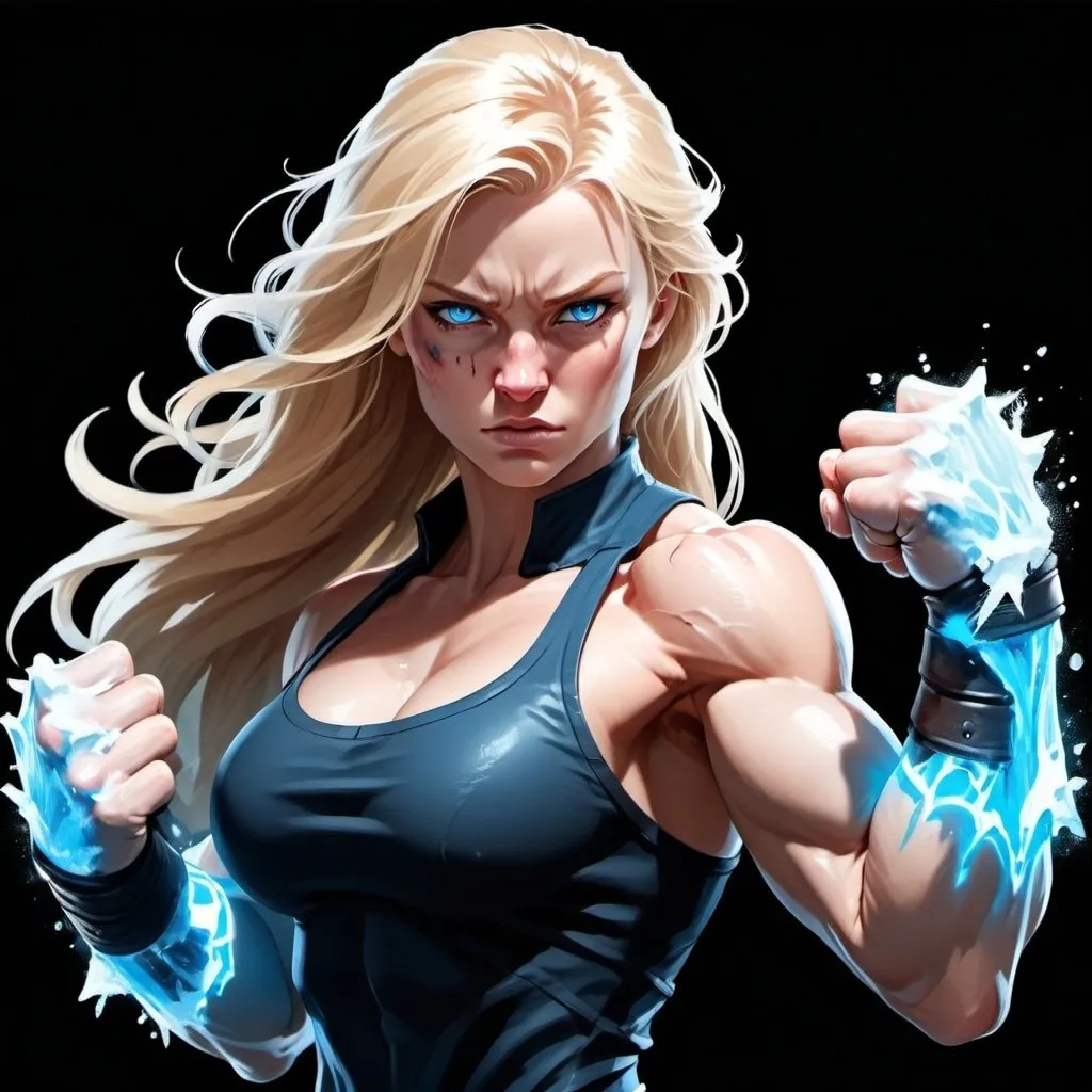 Prompt: Female figure. Greater bicep definition. Sharper, clearer blue eyes. Bleeding. Long Blonde hair flapping. Frostier, glacier effects. Fierce combat stance. Raging Fists. Icy Knuckles.