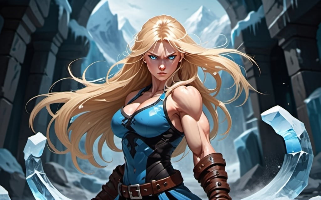 Prompt: Female figure. Greater bicep definition. Sharper, clearer blue eyes. Nosebleed. Long Blonde hair flapping. Frostier, glacier effects. Fierce combat stance. Raging Fists. Icy Knuckles. 