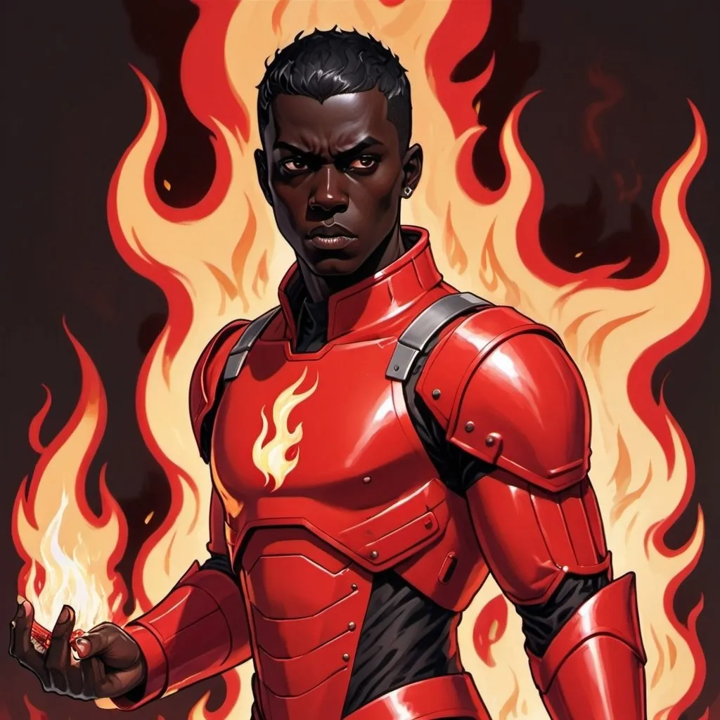 Prompt: Male Figure. Small. Short black hair. Dark skin. Dark eyes. Psychotic. Clean shaven. Wearing a red armored suit. Cigarette in mouth. Enraged Fiery hands. Flames in the background. 