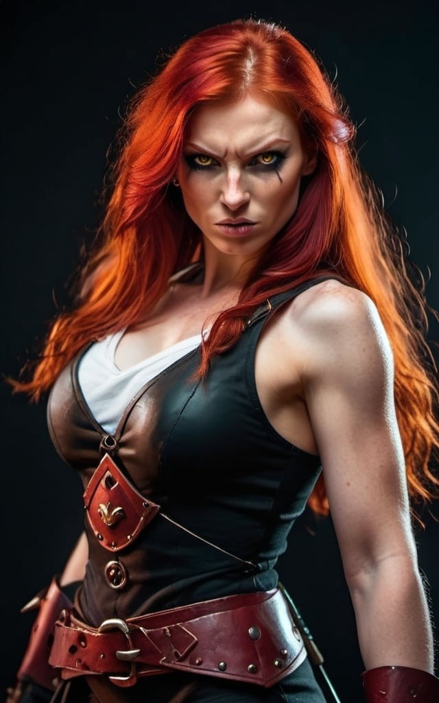 Prompt: Evil red-haired warrior woman with a mischievous smirk. Carmine, red eyes. Fierce combat stance.