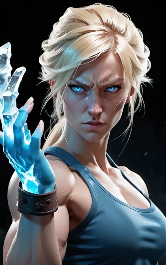 Prompt: Female figure. Greater bicep definition. Sharper, clearer blue eyes. Nosebleed. Long Blonde hair flapping. Frostier, glacier effects. Fierce combat stance. Raging Fists. Icy Knuckles. 