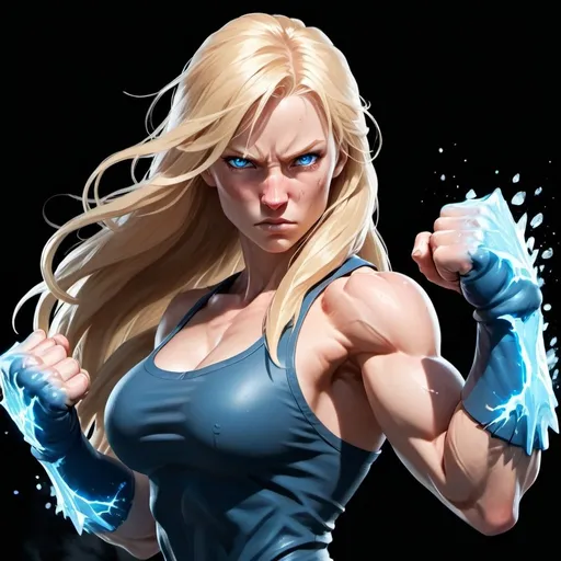 Prompt: Female figure. Greater bicep definition. Sharper, clearer blue eyes. Nosebleed. Long Blonde hair flapping. Frostier, glacier effects. Fierce combat stance. Raging Fists. Icy Knuckles. 