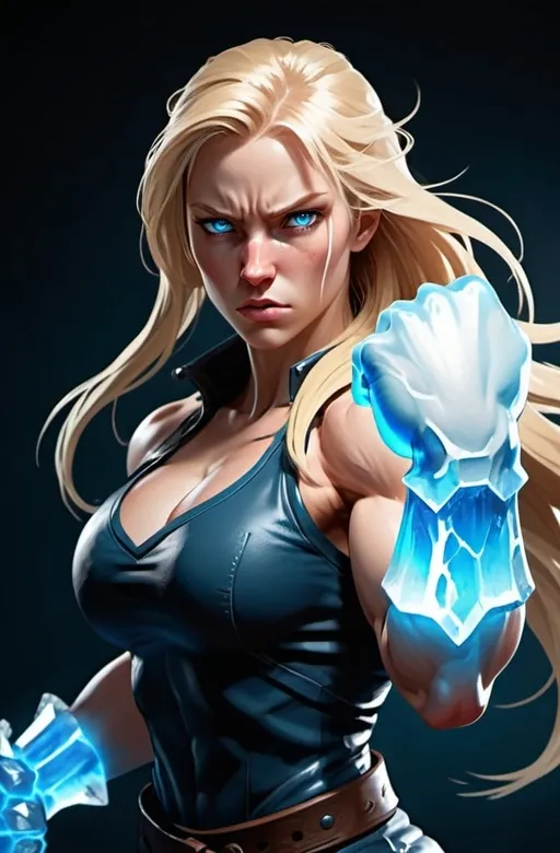 Prompt: Female figure. Greater bicep definition. Sharper, clearer blue eyes. Nosebleed. Long Blonde hair flapping. Frostier, glacier effects. Fierce combat stance. Raging Fists. Icy Knuckles.