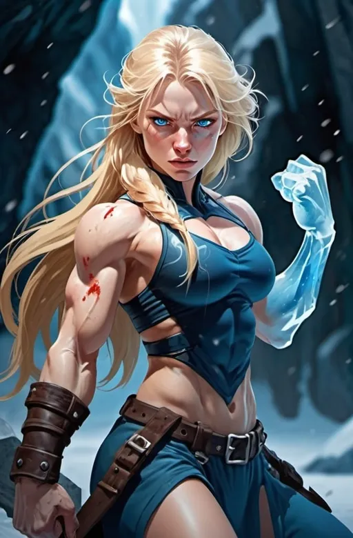 Prompt: Female figure. Greater bicep definition. Sharper, clearer blue eyes. Bleeding. Long Blonde hair flapping. Frostier, glacier effects. Fierce combat stance. Icy Knuckles.