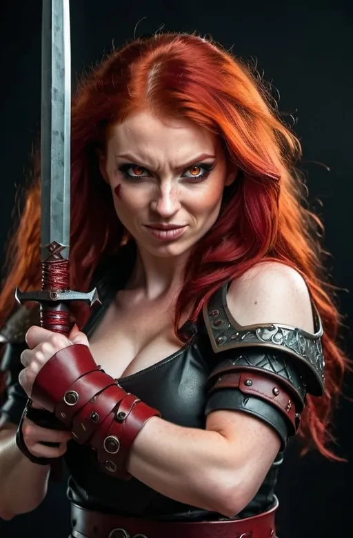 Prompt: Evil red-haired warrior woman with a mischievous grin. Carmine, red eyes. Fierce combat stance.