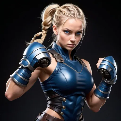 Prompt: Female figure. Greater bicep definition. Dark Blue eyes. Blonde braided ponytail. Fierce combat stance. Raging Gravity-powered Gauntlets. 