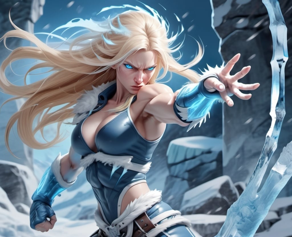 Prompt: Female figure. Greater bicep definition. Sharper, clearer blue eyes. Nosebleed. Long Blonde hair flapping. Frostier, glacier effects. Fierce combat stance. Raging Fists. Icy Knuckles.