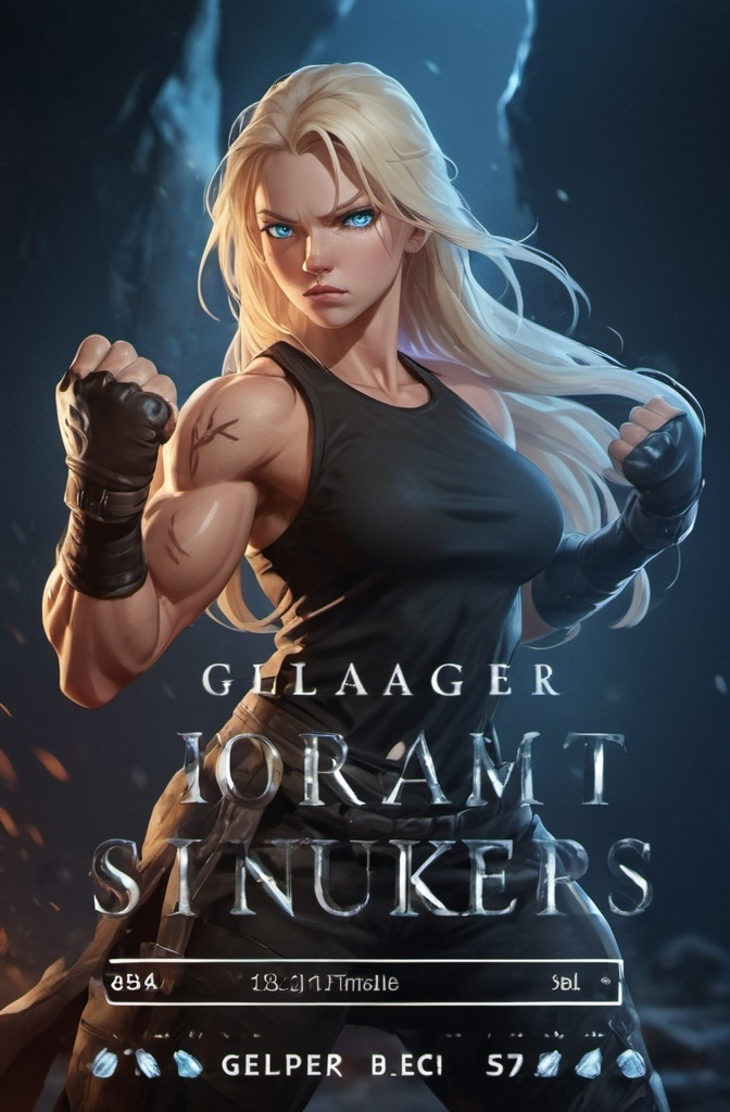 Prompt:   Female figure. Greater bicep definition. Sharper, clearer blue eyes. Nosebleed. Long Blonde hair flapping. Frostier, glacier effects. Fierce combat stance Raging Fists. Icy Knuckles.