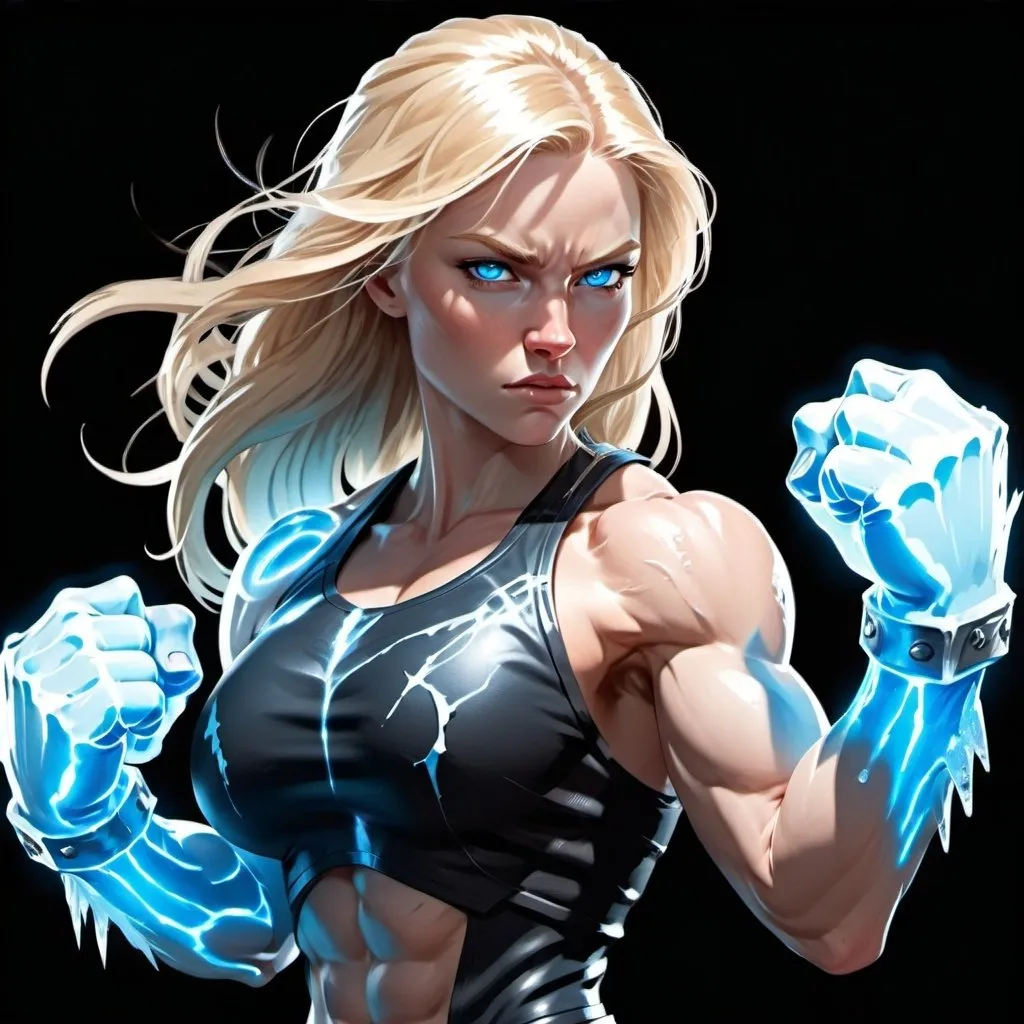 Prompt: Female figure. Greater bicep definition. Sharper, clearer blue eyes. Long Blonde hair flapping. Frostier, glacier effects. Fierce combat stance. Icy Knuckles. Raging Fists.