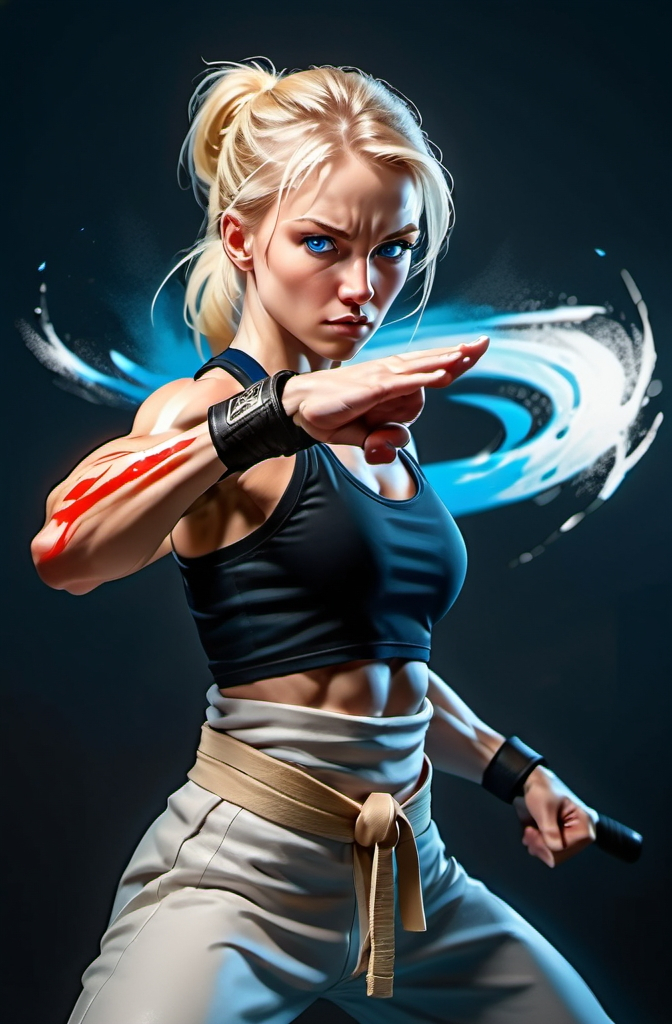 Prompt: Female figure. Greater bicep definition. Sharper, clearer blue eyes. Blonde hair flapping. Frostier, glacier effects. Fierce combat stance. Martial artist. 