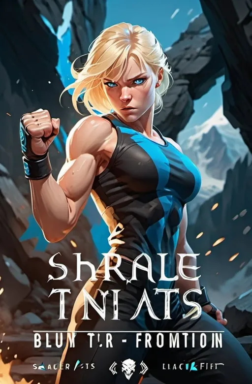 Prompt: Female figure. Greater bicep definition. Sharper, clearer blue eyes. Blonde hair flapping. Frostier, glacier effects. Fierce combat stance. Raging Fists. 