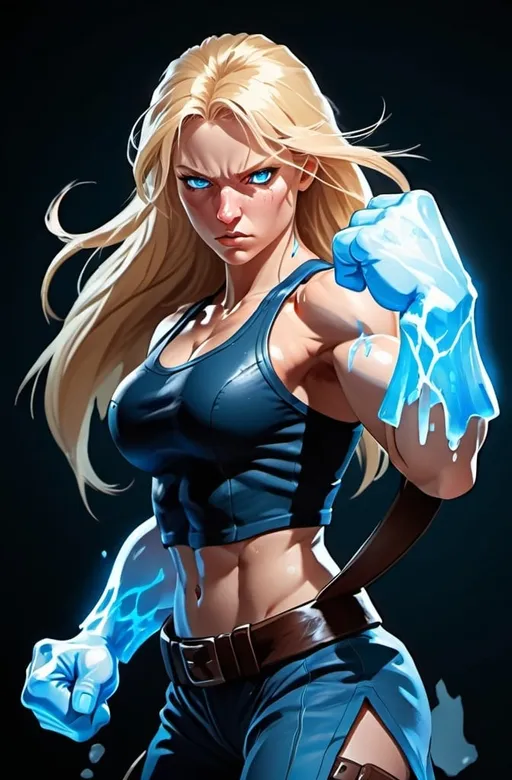 Prompt: Female figure. Greater bicep definition. Sharper, clearer blue eyes. Nosebleed. Long Blonde hair flapping. Frostier, glacier effects. Fierce combat stance. Raging Fists. Icy Knuckles. 