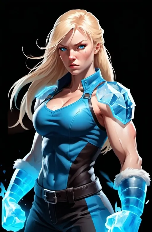 Prompt: Female figure. Greater bicep definition. Sharper, clearer blue eyes. Nosebleed. Long Blonde hair flapping. Frostier, glacier effects. Fierce combat stance. Raging Fists. Icy Knuckles. 