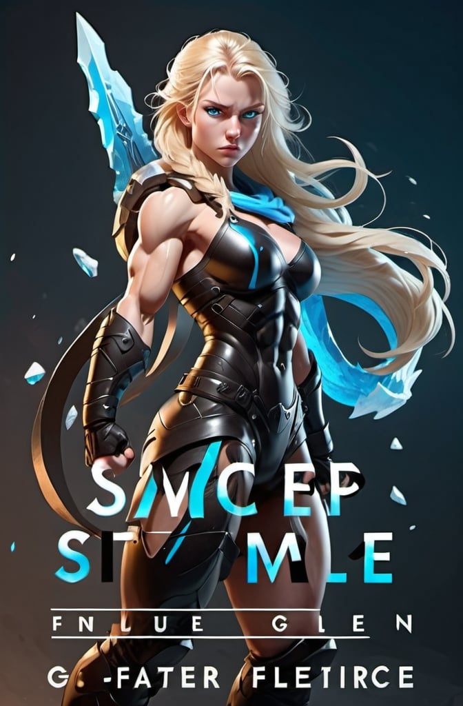 Prompt: Female figure. Greater bicep definition. Sharper, clearer blue eyes. Blonde hair flapping. Frostier, glacier effects. Fierce combat stance. 