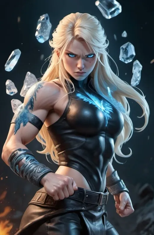 Prompt: Female figure. Greater bicep definition. Sharper, clearer blue eyes. Nosebleed. Long Blonde hair flapping. Frostier, glacier effects. Fierce combat stance. Raging Fists. Icy Knuckles.