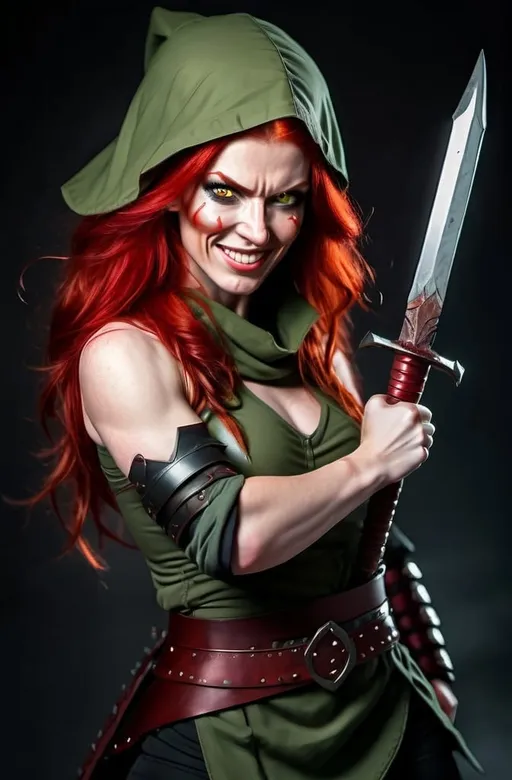 Prompt: Evil red-haired warrior woman with a mischievous grin. Carmine, red eyes. Fierce combat stance.