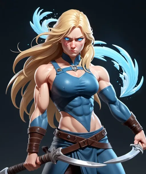 Prompt: Female figure. Greater bicep definition. Sharper, clearer blue eyes. Nosebleed. Long Blonde hair flapping. Frostier, glacier effects. Fierce combat stance.