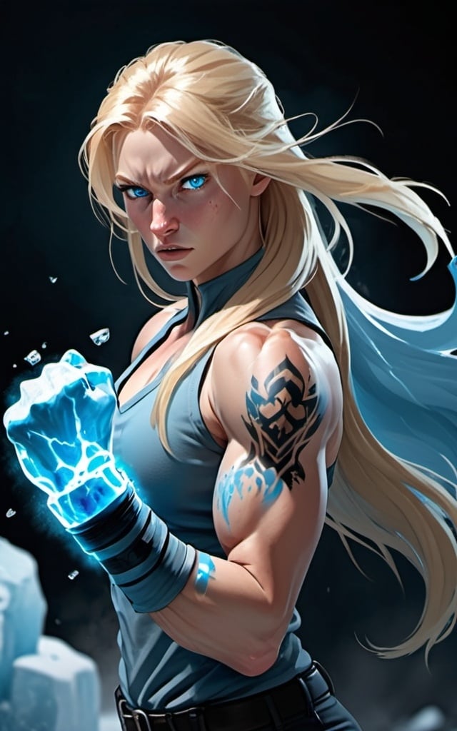 Prompt: Female figure. Greater bicep definition. Sharper, clearer blue eyes. Nosebleed. Long Blonde hair flapping. Frostier, glacier effects. Fierce combat stance. Raging Fists. Icy Knuckles. Wearing Pants. 