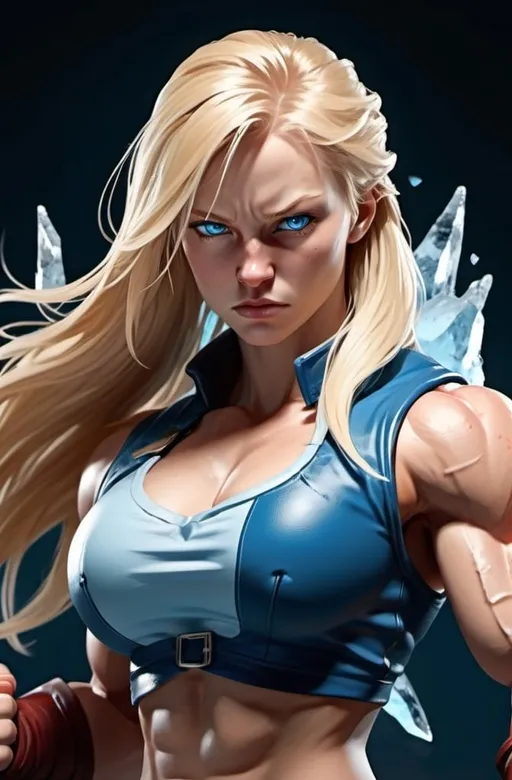 Prompt: Female figure. Greater bicep definition. Sharper, clearer blue eyes. Nosebleed. Long Blonde hair flapping. Frostier, glacier effects. Fierce combat stance. Raging Fists. Icy Knuckles.