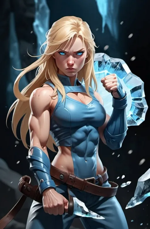 Prompt: Female figure. Greater bicep definition. Sharper, clearer blue eyes. Nosebleed. Long Blonde hair flapping. Frostier, glacier effects. Fierce combat stance. Raging Fists. Icy Knuckles. 