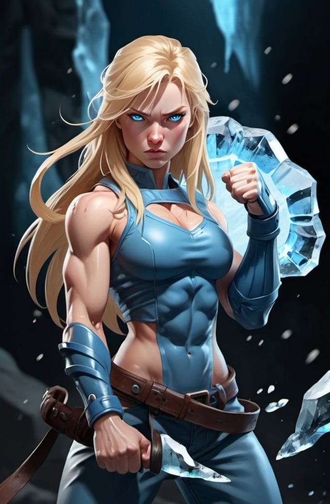 Prompt: Female figure. Greater bicep definition. Sharper, clearer blue eyes. Nosebleed. Long Blonde hair flapping. Frostier, glacier effects. Fierce combat stance. Raging Fists. Icy Knuckles. 