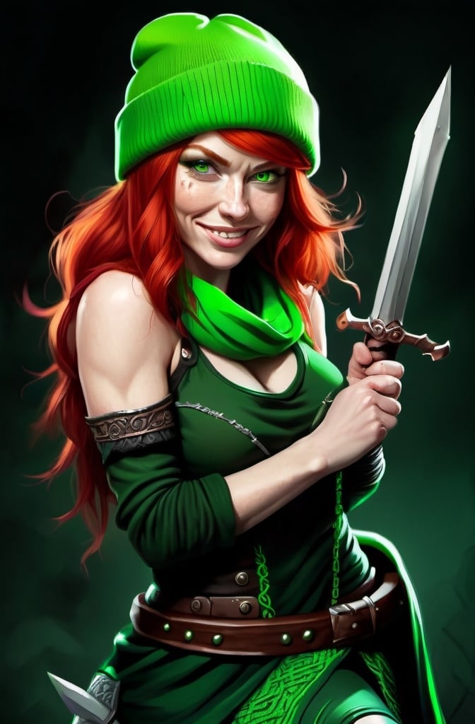 Prompt:  Evil red-haired warrior woman, wearing a green beanie and a mischievous smirk. Green eyes. She is sitting on a Throne. 