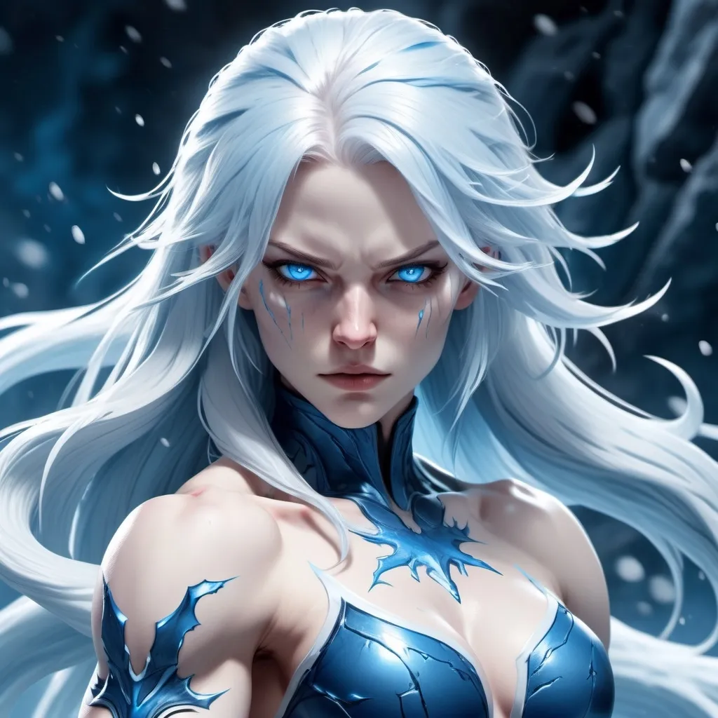 Prompt:  Female figure. Greater bicep definition with blue icy blood circulating through her veins. Sharper, clearer blue eyes. Blue Long White hair flapping. Frostier, glacier effects. Fierce combat stance. Raging Fists. Icy Knuckles. Pale Skin. 