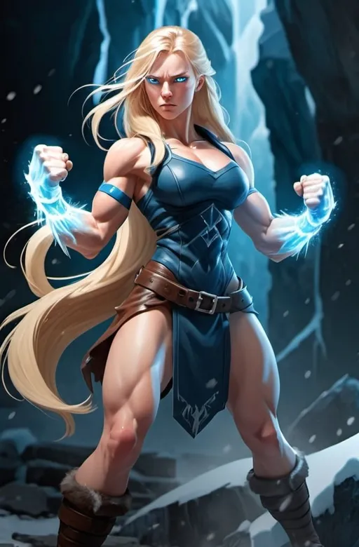 Prompt: Female figure. Greater bicep definition. Sharper, clearer blue eyes. Long Blonde hair flapping. Frostier, glacier effects. Fierce combat stance. Raging Fists. Icy Knuckles.