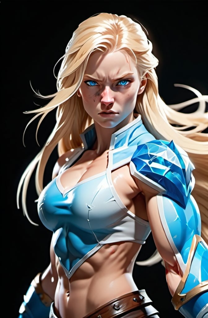 Prompt: Female figure. Greater bicep definition. Sharper, clearer blue eyes. Nosebleed. Long Blonde hair flapping. Frostier, glacier effects. Fierce combat stance. Icy Knuckles.