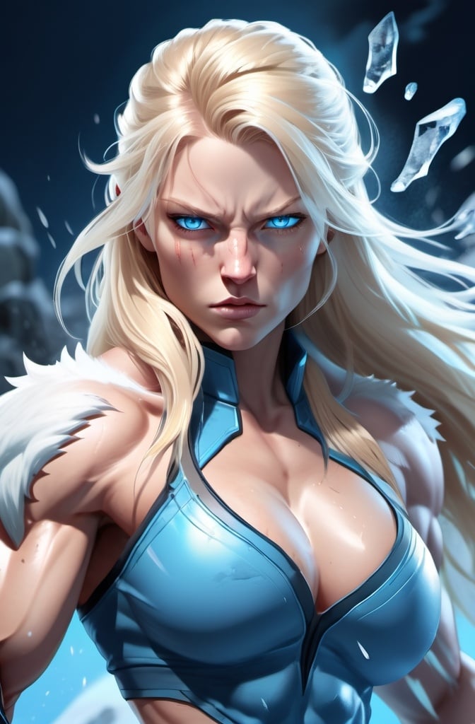 Prompt: Female figure. Greater bicep definition. Sharper, clearer blue eyes. Nosebleed. Long Blonde hair flapping. Frostier, glacier effects. Fierce combat stance. Raging Fists. Icy Knuckles.