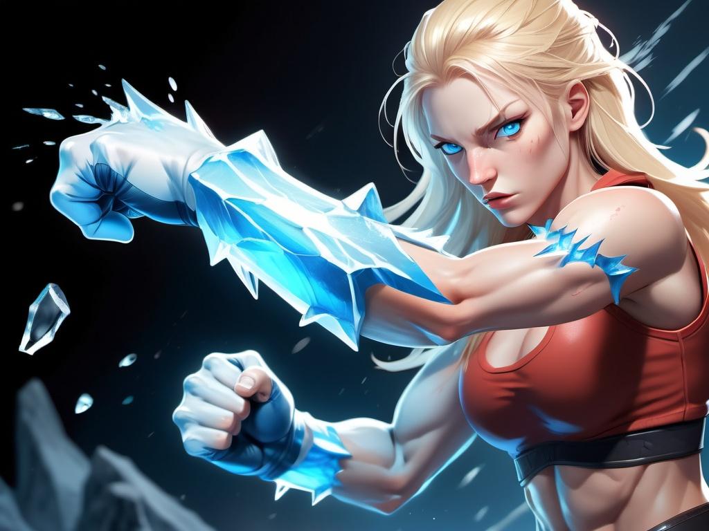 Prompt: Female figure. Greater bicep definition. Sharper, clearer blue eyes. Nosebleed. Long Blonde hair flapping. Frostier, glacier effects. Fierce combat stance. Raging Fists. Icy Knuckles.