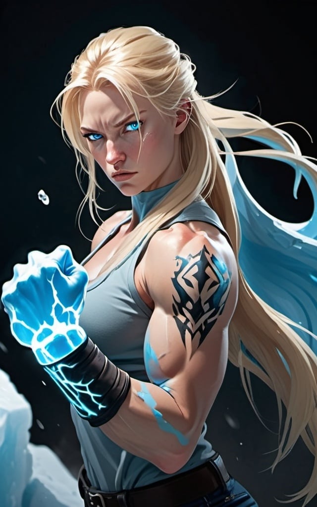 Prompt: Female figure. Greater bicep definition. Sharper, clearer blue eyes. Nosebleed. Long Blonde hair flapping. Frostier, glacier effects. Fierce combat stance. Raging Fists. Icy Knuckles. Wearing Pants. 