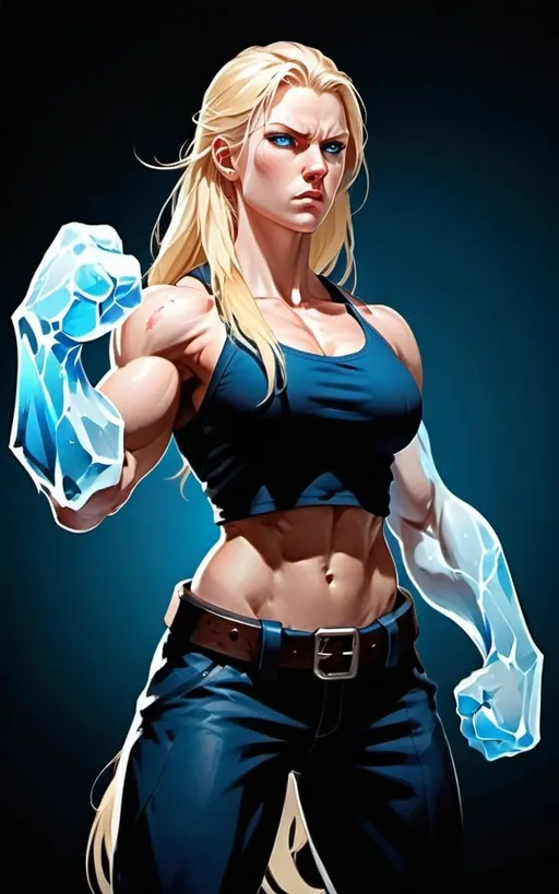 Prompt: Female figure. Greater bicep definition. Sharper, clearer blue eyes. Nosebleed. Long Blonde hair flapping. Frostier, glacier effects. Fierce combat stance. Icy Knuckles. Enraged.