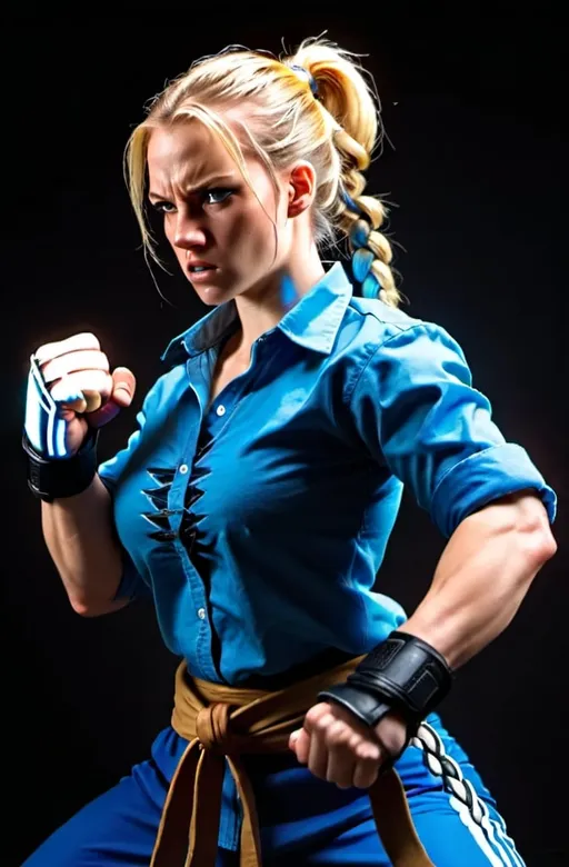 Prompt: Female Figure. Blonde hair. Braided ponytail. Fierce combat stance. Raging Fists. Wearing a Blue shirt. 