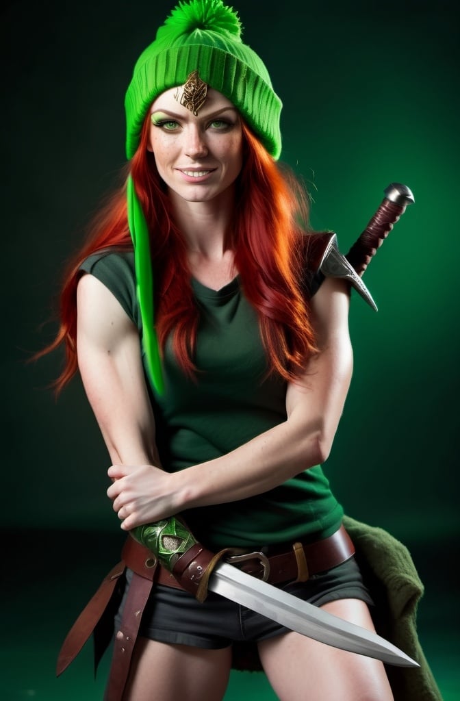 Prompt:  Evil red-haired warrior woman, wearing a green beanie and a mischievous smirk. Green eyes. Fierce combat stance. 