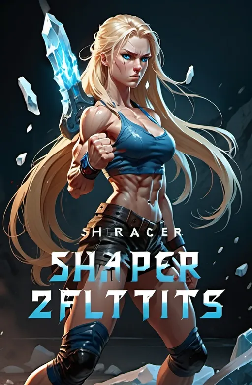 Prompt: Female figure. Greater bicep definition. Sharper, clearer blue eyes. Bleeding. Long Blonde hair flapping. Frostier, glacier effects. Fierce combat stance. Raging Fists.