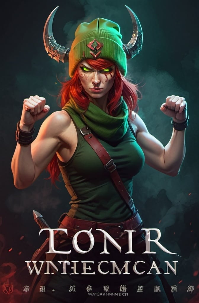 Prompt: Evil red-haired warrior woman, wearing a green beanie and a mischievous smirk. Carmine, red eyes. Fierce combat stance. 