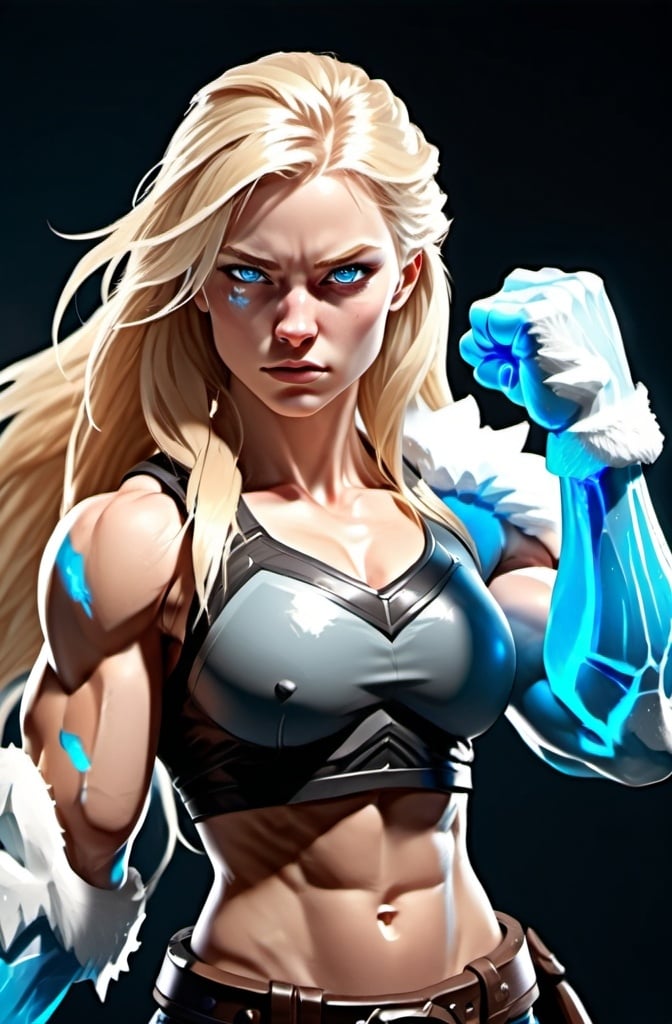 Prompt: Female figure. Greater bicep definition. Sharper, clearer blue eyes. Long Blonde hair flapping. Frostier, glacier effects. Fierce combat stance. Icy Knuckles.