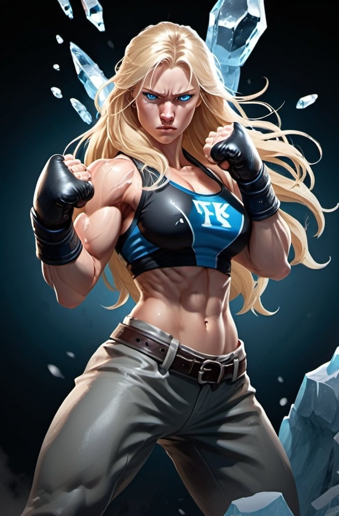 Prompt: Female figure. Greater bicep definition. Sharper, clearer blue eyes. Nosebleed. Long Blonde hair flapping. Frostier, glacier effects. Fierce combat stance. Raging Fists. Icy Knuckles. 