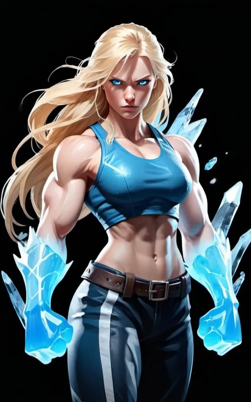 Prompt: Female figure. Greater bicep definition. Sharper, clearer blue eyes. Long Blonde hair flapping. Frostier, glacier effects. Fierce combat stance. Raging Fists. Icy Knuckles.