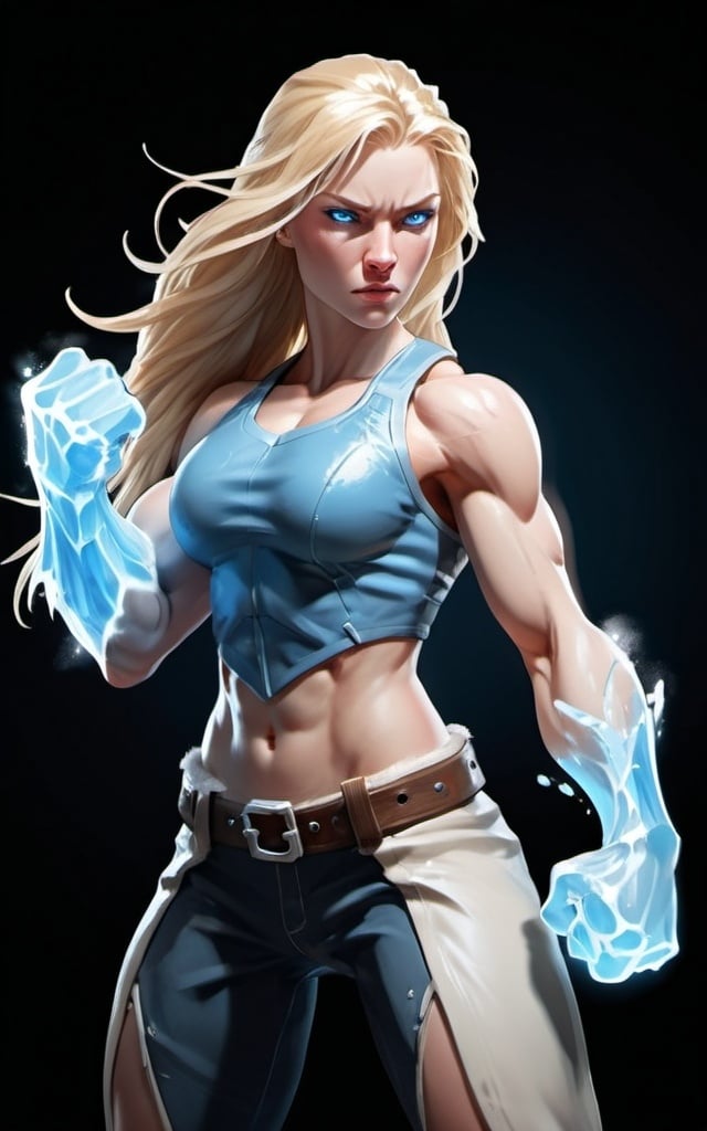 Prompt: Female figure. Greater bicep definition. Sharper, clearer blue eyes. Long Blonde hair flapping. Frostier, glacier effects. Fierce combat stance. Icy Knuckles. Raging Fists.