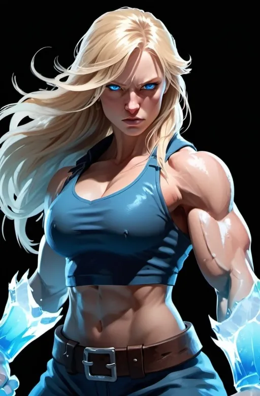 Prompt: Female figure. Greater bicep definition. Sharper, clearer blue eyes. Nosebleed. Long Blonde hair flapping. Frostier, glacier effects. Fierce combat stance. Raging Fists. Icy Knuckles.