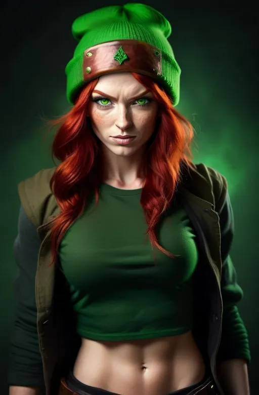 Prompt:  Evil red-haired warrior woman, wearing a green beanie and a mischievous smirk. Green eyes. Fierce combat stance. 